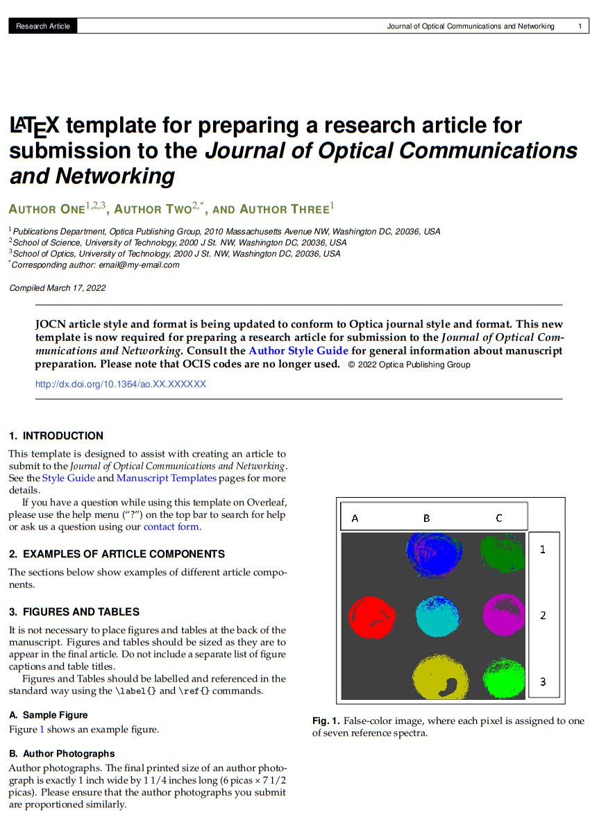 LaTeX template for preparing a research article for submission to the Journal of Optical Communications and Networking