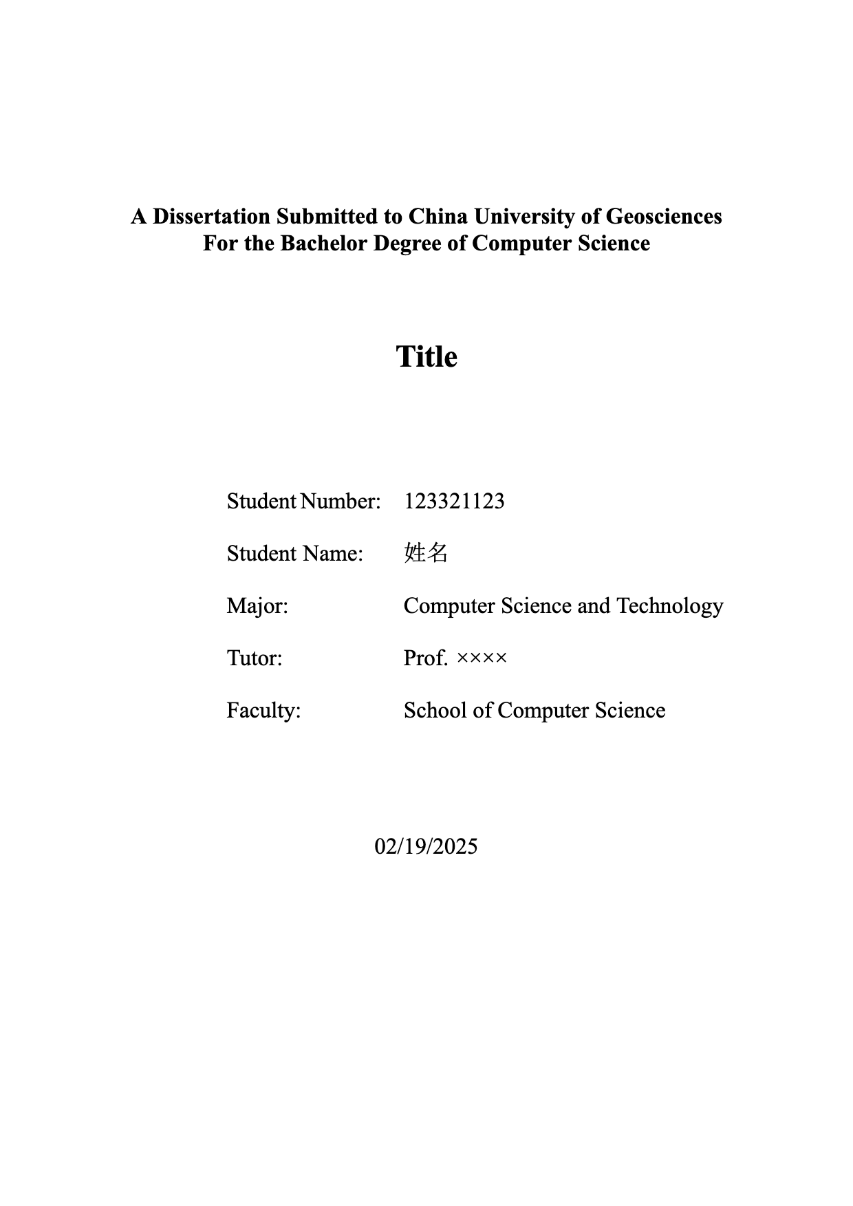 中国地质大学武汉（CUG）本科生毕业论文模板英文版