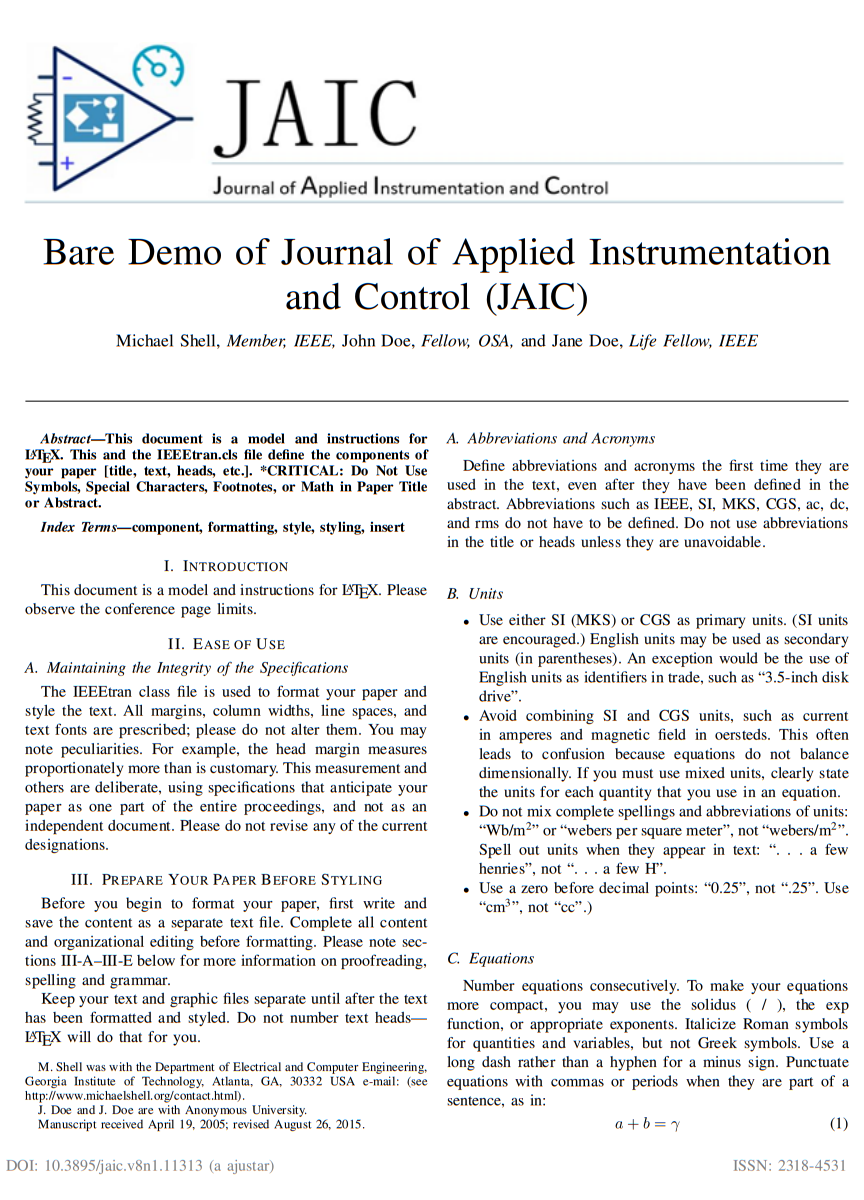 Journal of Applied Instrumentation and Control (JAIC) Template