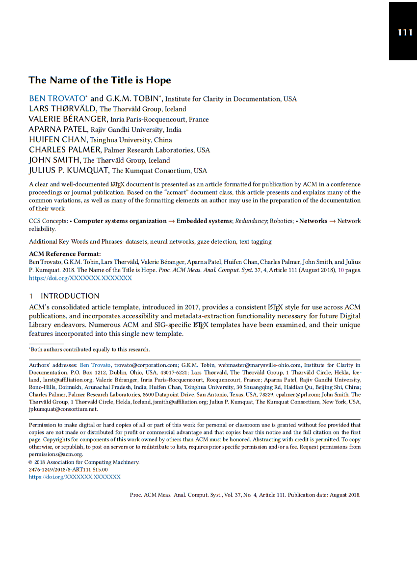 Association for Computing Machinery (ACM) - Large 1-Column Format Template